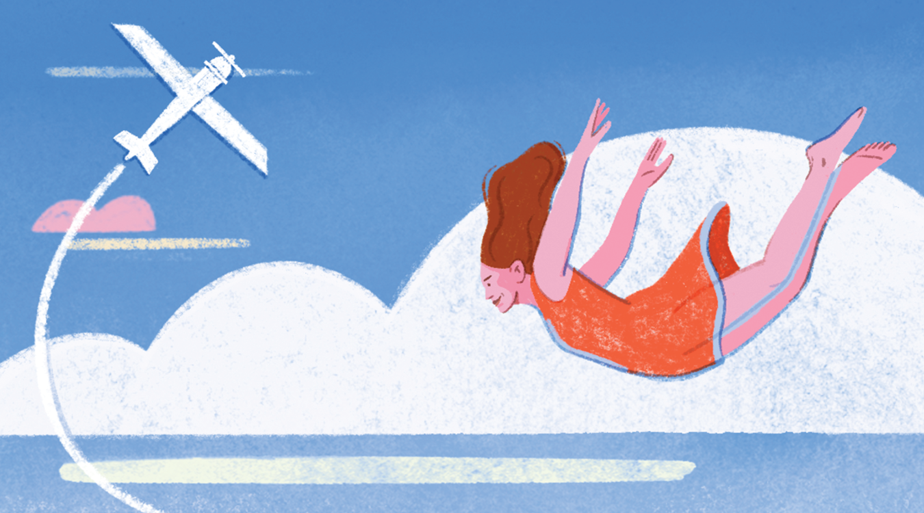 Illustrated depiction of a woman in a dress floating and falling. Blue sky, clouds, and airplane behind her.