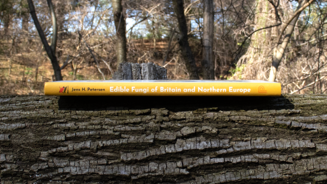 Edible Fungi of Britain and Northern Europe - book spine on log in forest