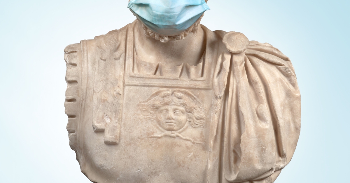 Photo illustration Princeton University Press.  Images: Marble bust of Roman Emperor Marcus Aurelius, Musée Saint-Raymond, Toulouse, France via 