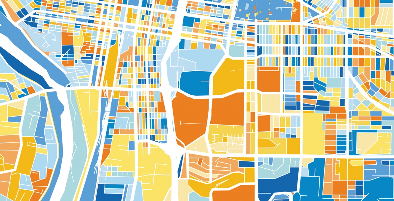 Graphic map showing blocks in varying shades of blue and orange