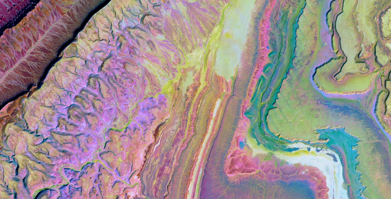 Satellite image showing geological features of Moroccan desert in vibrant color