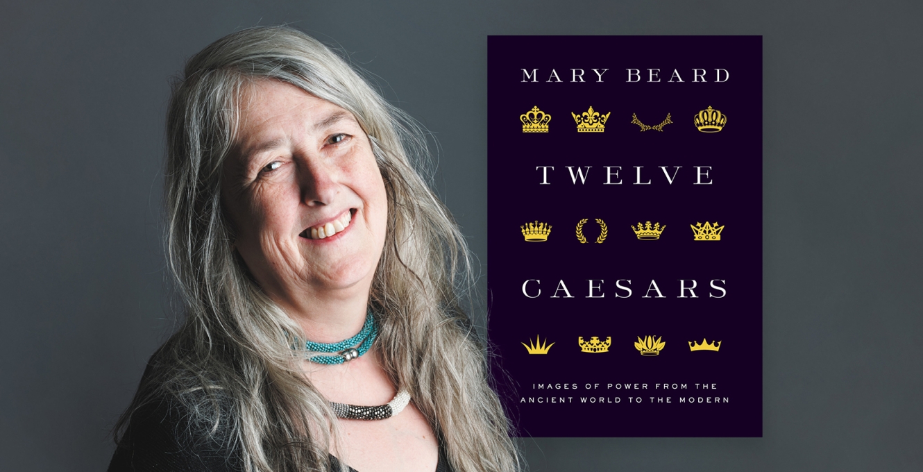 Mary Beard with book cover "Twelve Caesars"