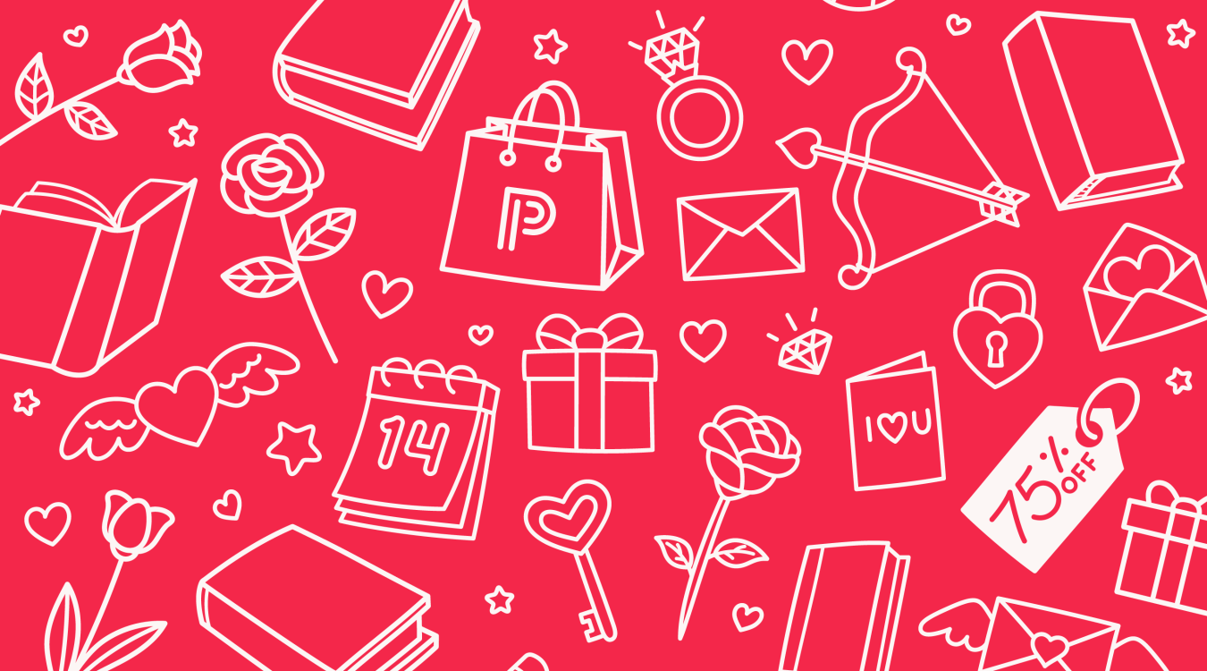 books, hearts, roses, and gift boxes on a red background