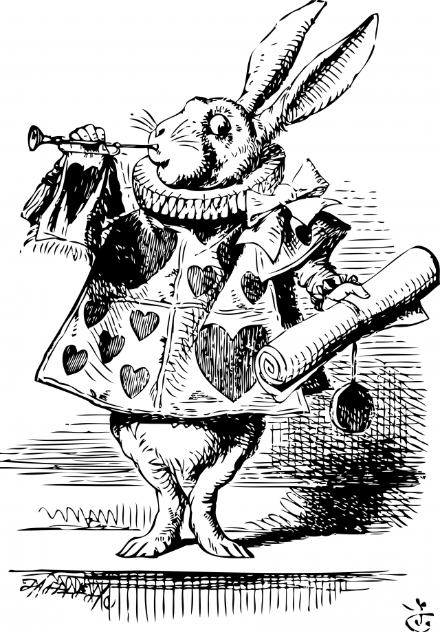 White Rabbit, dressed as herald, blowing trumpet Alice's Adventures in Wonderland original vintage engraving.