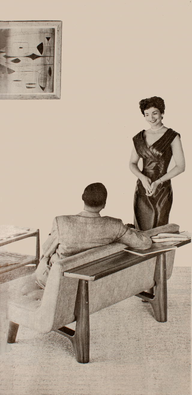 Ebony Advertisement, man on couch, woman standing