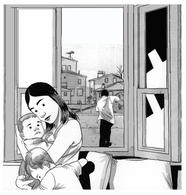 Illustration of a mother hugging her children