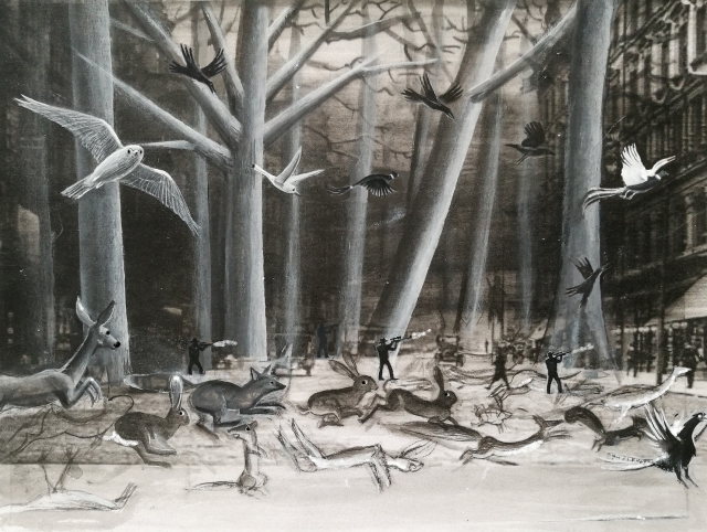 Illustration of animals running through a forest