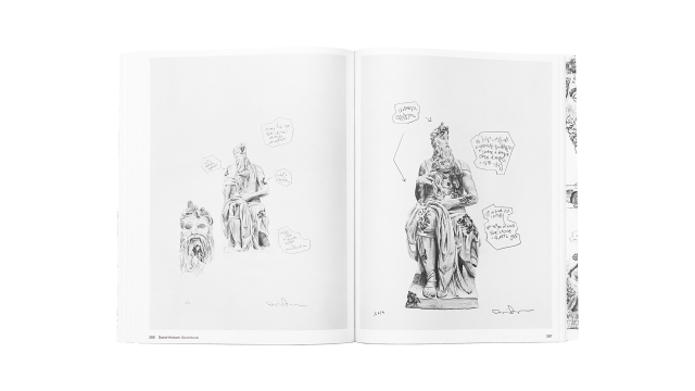 Arsham Sketchbook - page spread 286-287 statue, cartoon