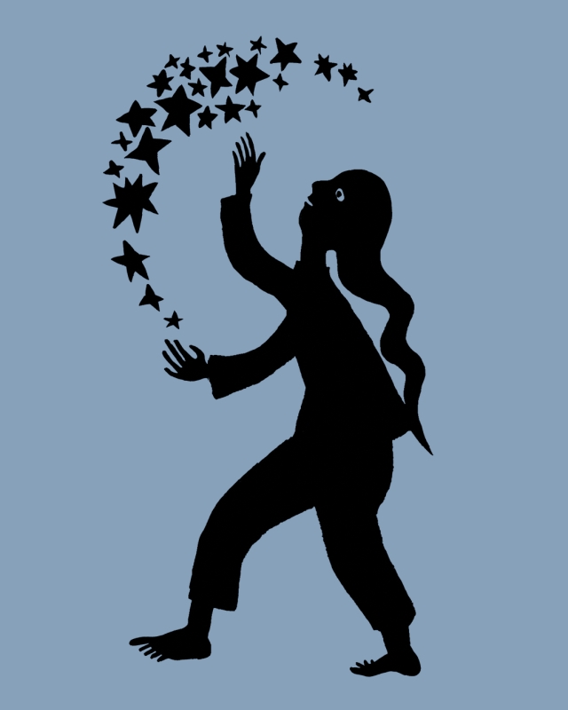 Illustration of a girl, Silhouetted, holding stars in the shape of a moon