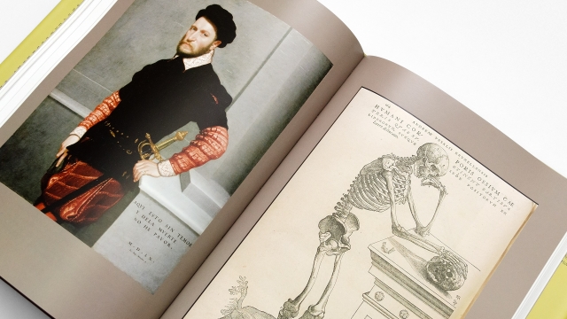 Groundwork 2 page spread angled portrait of man on left and skeleton illustration on right