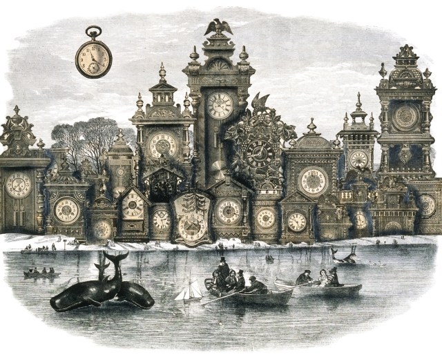 Surreal illustration by Adolf Hoffmeister depicting a city made of clocks 