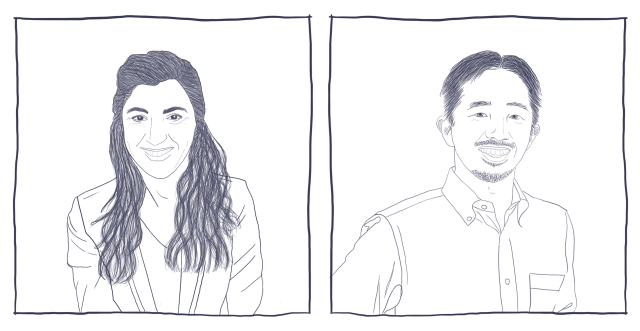 Line drawn portraits of Elena Llaudet and Kosuke Imai