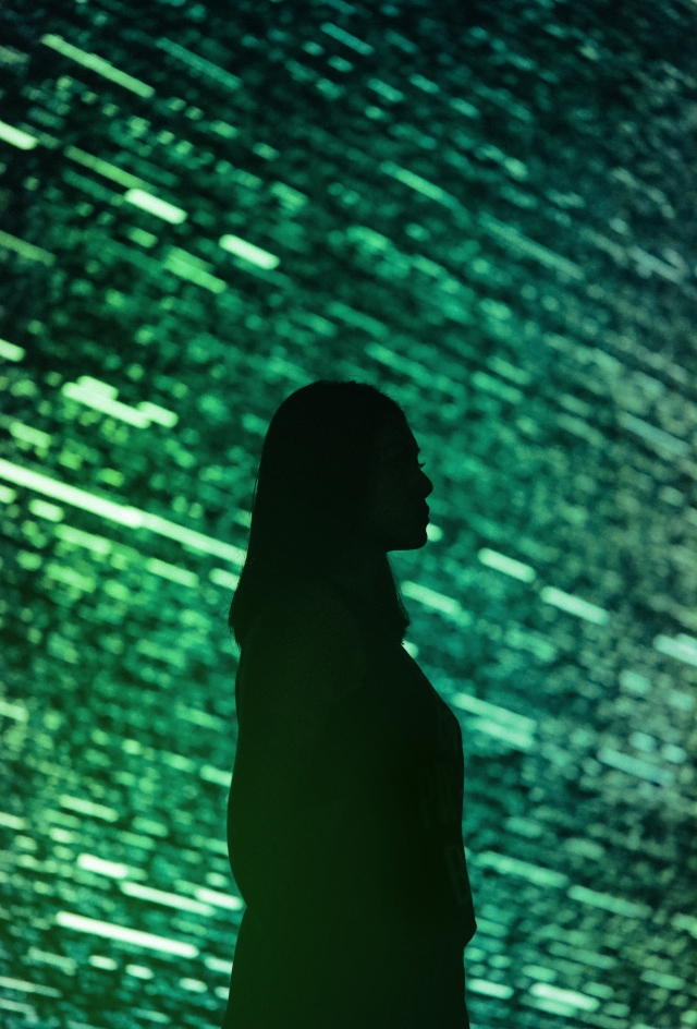 A woman stands silhouetted against a futuristic backdrop with green lines