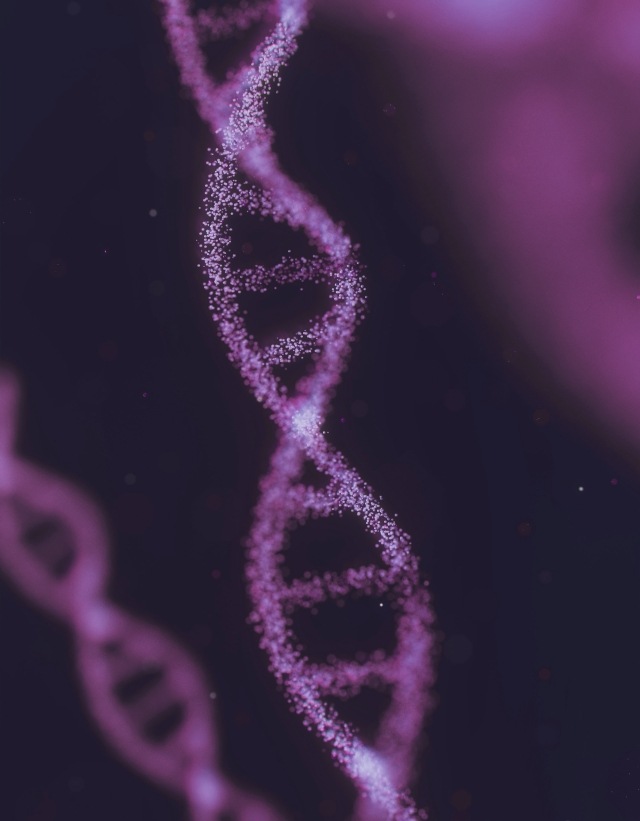 A 3-D illustration of a DNA strand made up of tiny purple particles