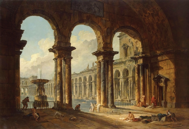 The painting Ancient Ruins Used as Public Baths by Hubert Robert. In the painting a colonnade and a large bathing pool with a fountain are seen beyond three towering archways. Small figures bathe in the water and rest beneath the arches.