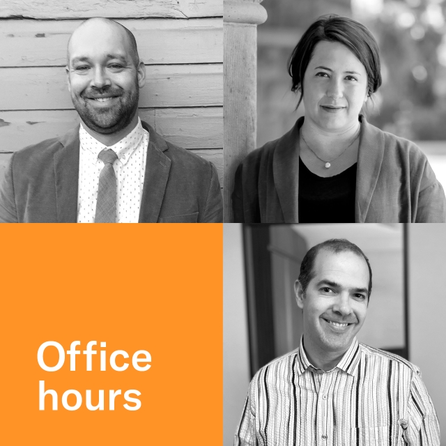 Office hours. Portrait photography of Clayton Childress, Angèle Christin, and Iddo Tavory.