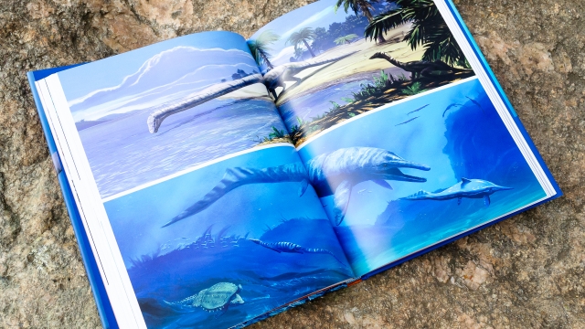 Ocean Life in the Time of the Dinosaurs - colorful 2 page spread of ocean scenes
