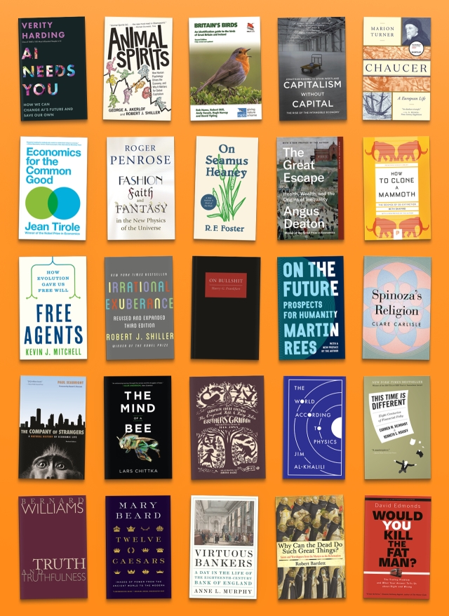 collage of 25 book covers on an orange background