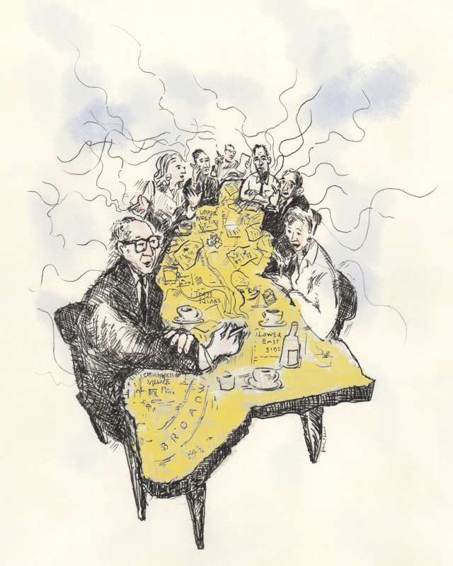 Illustration from "Write like a Man" book cover. New York intellectuals sitting around a table shaped like Manhattan.