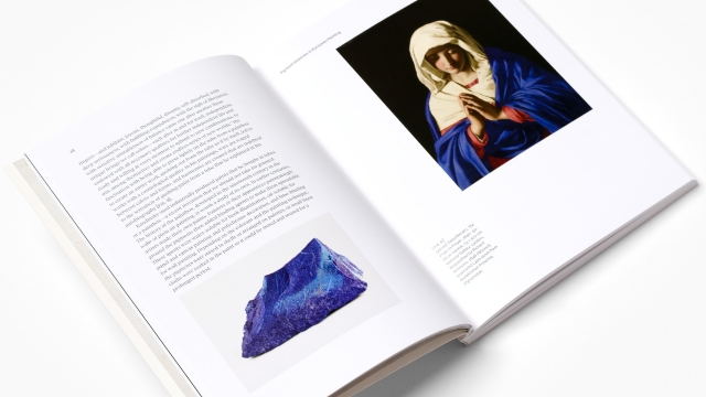 Pigments - pagespread with blue stone and painting of Mary in blue robe
