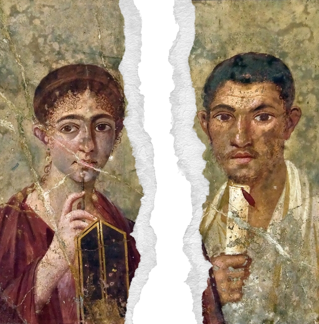 Fresco of woman and man edited to look like a torn photo.
