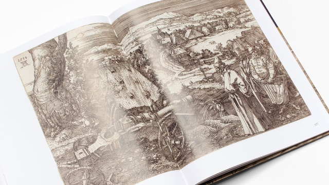 Dürer’s Knots - 2 page spread with sepia toned illustrations of view  of soldiers on top of mountain with cannon.