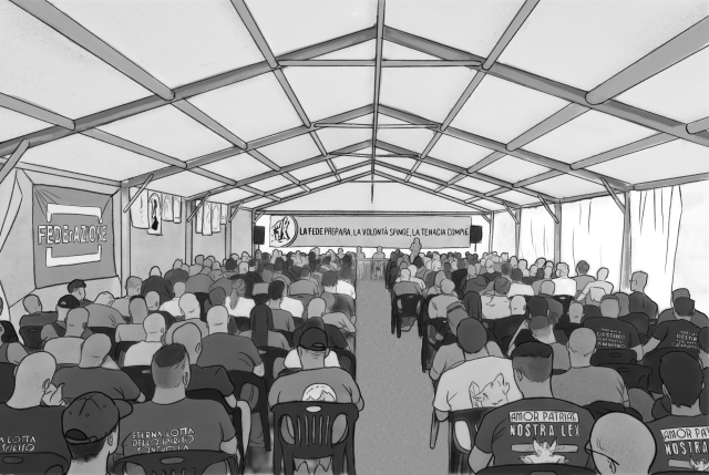 Large seated gathering in event tent. Banners and t-shirts in Italian.