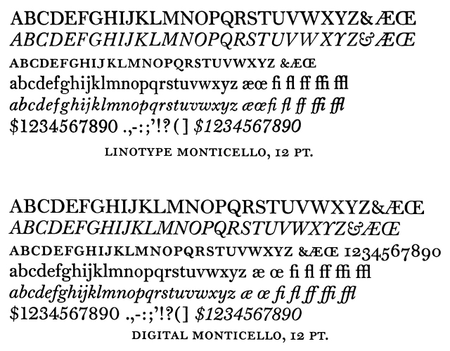 Linotype Monticello and digital Monticello comparison