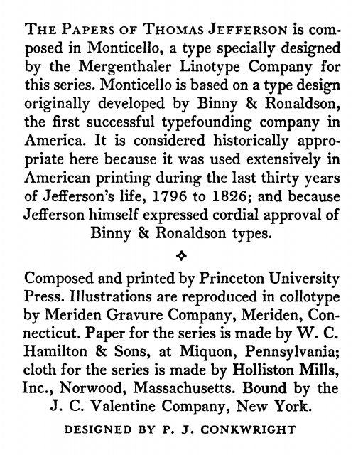 The Papers of Thomas Jefferson - Volume 1 - Colophon