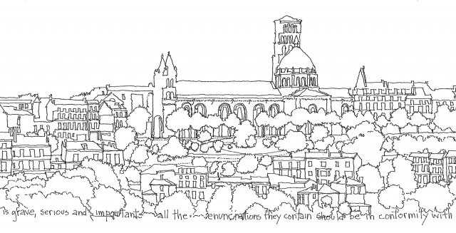 Revised sketch of Angoulême with a handwritten passage from the book (detail)