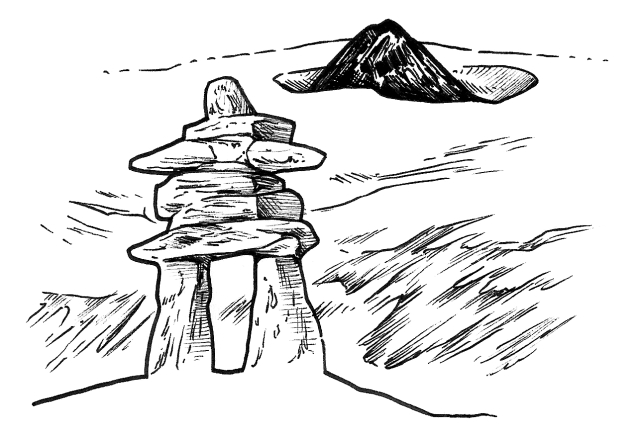 Illustration with a nunatak formation in the background and a stacked stone "inuksuk" way-finder in the foreground