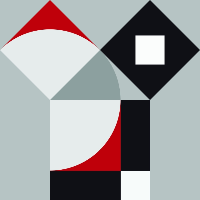 geometric drawing in black, red, and gray