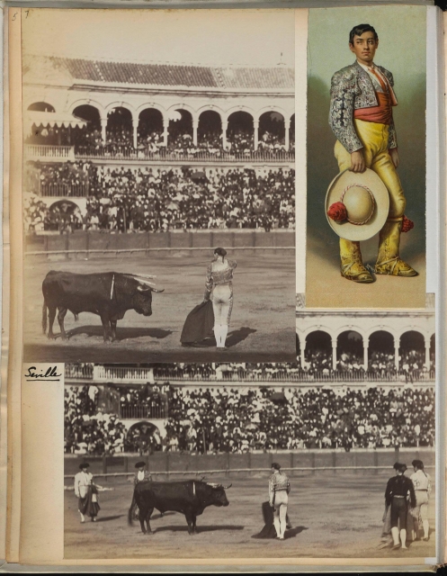 A page of a travel album with photographs of bullfighting and an illustration of a matador
