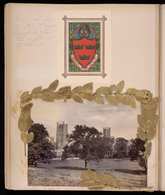 A page of a travel album with a heraldic design, a photograph, and leaves collaged
