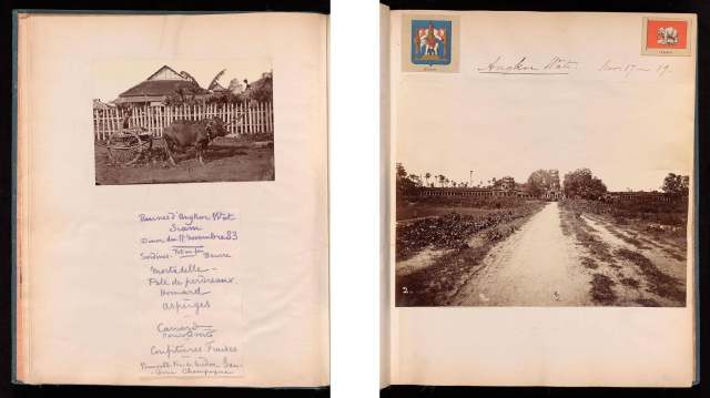 Two pages of a travel album collaged with photographs, annotations, and graphics of a seal and a flag