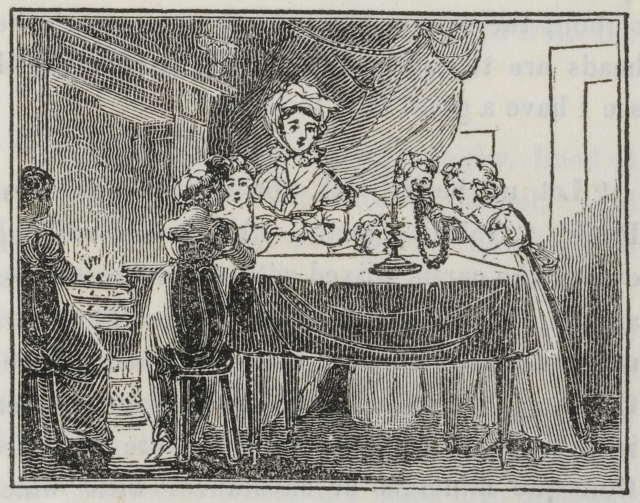 An Illustration from The Coral Necklace showing a woman and girls around a table looking at a necklace.