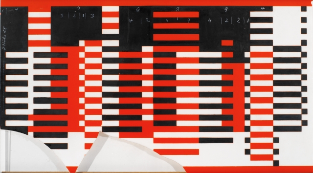 Josef Albers, City. Glass with black and red geometric design.