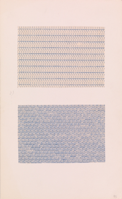 Anni Albers, Studies made on the typewriter. Two patterns created with typed characters. The top pattern contains forward slashes, colons, and dashes. The bottom pattern contains capital and lowercase s’s and dashes.