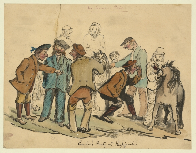 Vintage illustration of a crowd of men in hunting attire with horses
