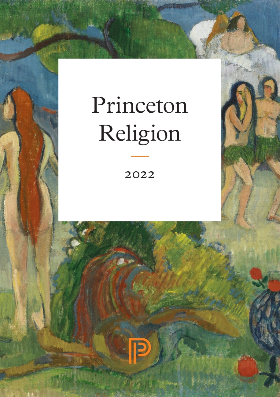 Colorful cover of Princeton's Religion 22 subject catalog, including four human figures pictured in a pastoral scene. 
