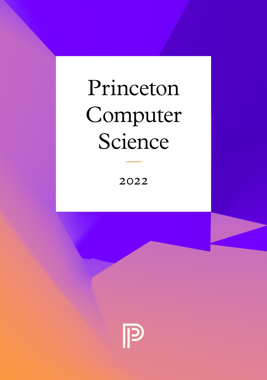bright, abstract computer science subject catalog cover, featuring deep blues, light pinks and oranges