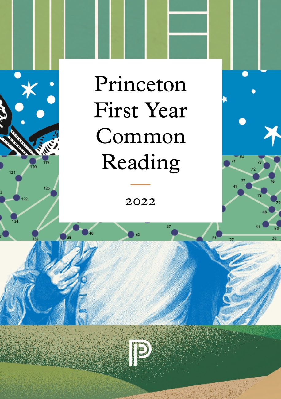cover of first year common reading catalog, using a collage of book covers with blues and greens
