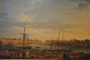 painting of ships in a harbor; bystanders on shore