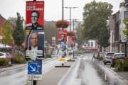 Huerth, NRW, Germany 08 29 2021, several SPD, CDU and others election posters and billboards in a village street, fixed on street lamp mast.