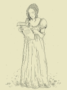 drawing of young girl in empire style dress reading a letter
