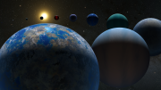 Artist concept of the many types of exoplanets that might exist out there, circling other stars. 