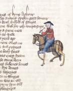 An illustration of the Wife of Bath in a 15th century manuscript of Chaucer's Canterbury Tales