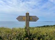 A photograph of a signpost on an oceanside trail. The signpost indicates that the walker can go left or right.