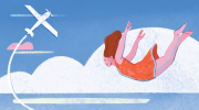 Illustrated depiction of a woman in a dress floating and falling. Blue sky, clouds, and airplane behind her.