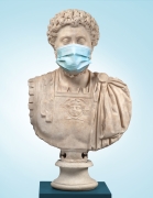 Bust of Marcus Aurelius wearing contemporary medical mask collage.